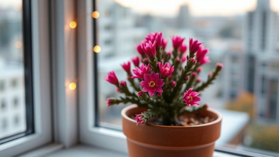 Vibrant Christmas cactus in bloom on a windowsill, soft light, city view.