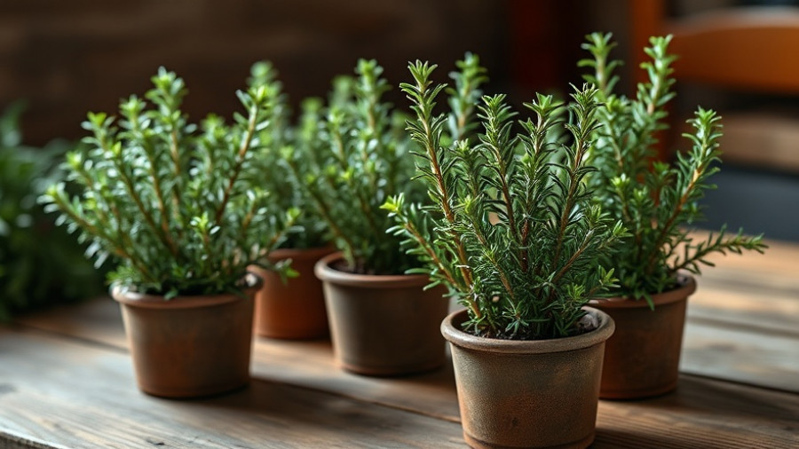 Healthy rosemary plants growing in pots on a wooden surface.