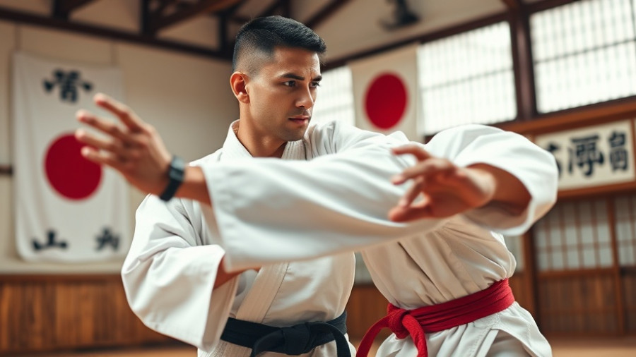 Karate self-training in a traditional dojo with Japanese symbols.
