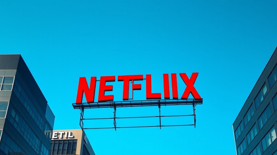 Netflix sign on rooftop with clear sky and modern building.