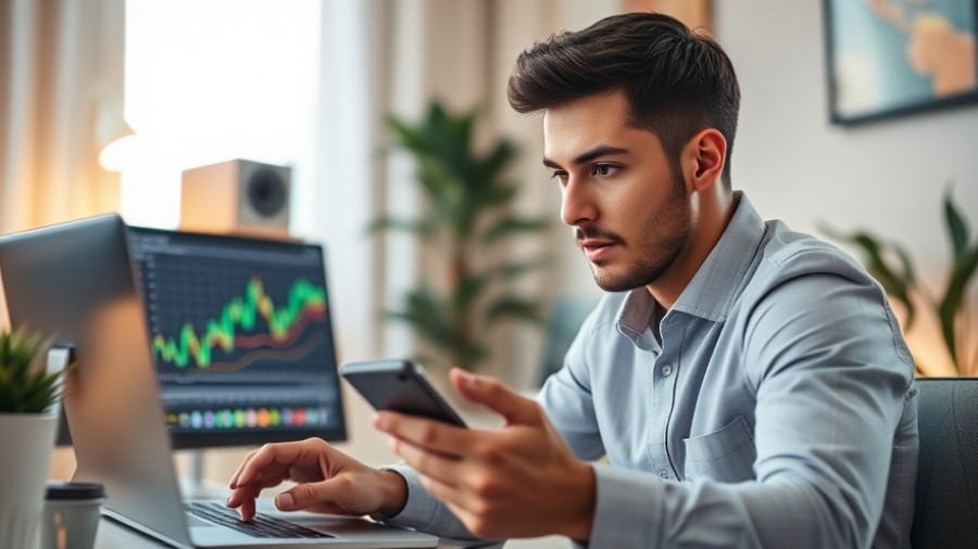 Young man analyzing stock data on laptop and phone, buy Amazon stock insight.