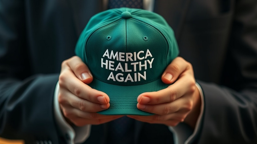 Hands holding green 'MAKE AMERICA HEALTHY AGAIN' cap, formal setting.