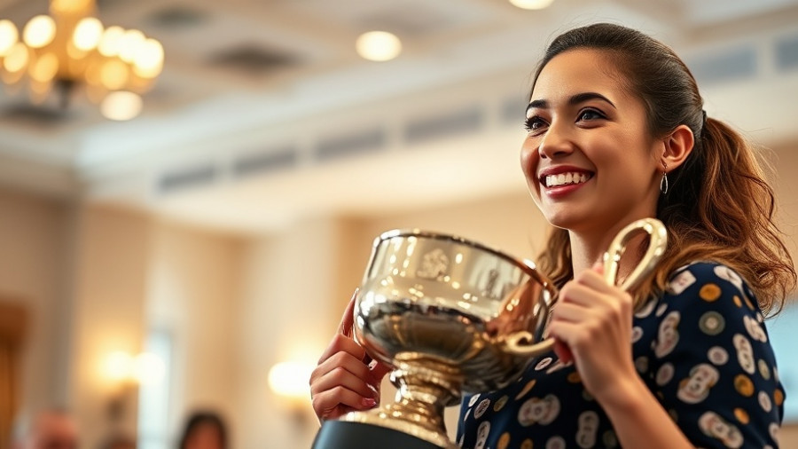 Karate champion Prakruthi R. Gowda holding a trophy at an award ceremony.