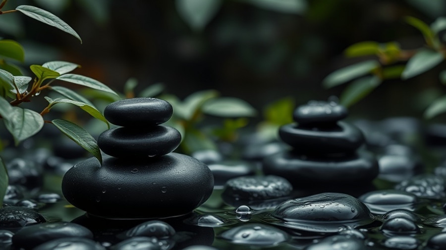 Minimalist zen garden scene with balanced stones and droplets, symbolizing harmony.