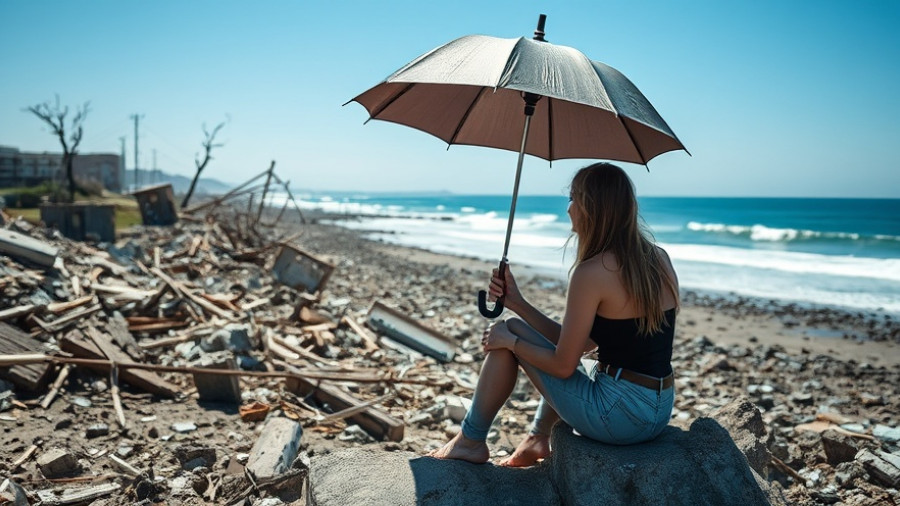 Woman amidst hurricane damage recovery in Jamaica debris with umbrella.