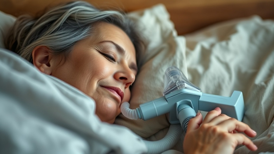 Middle-aged woman using CPAP machine for obstructive sleep apnea.
