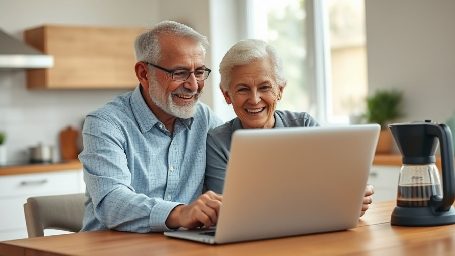 Happy couple exploring Social Security benefits strategies on laptop.