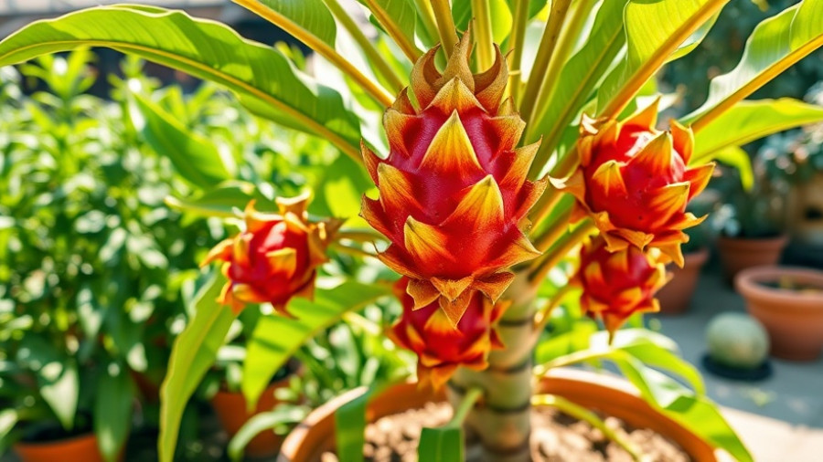 Dragon fruit growing in pots and containers in a sunny garden.