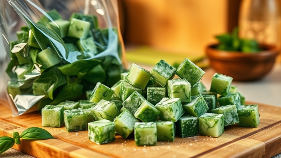Frozen basil cubes for holiday cooking on wooden board.