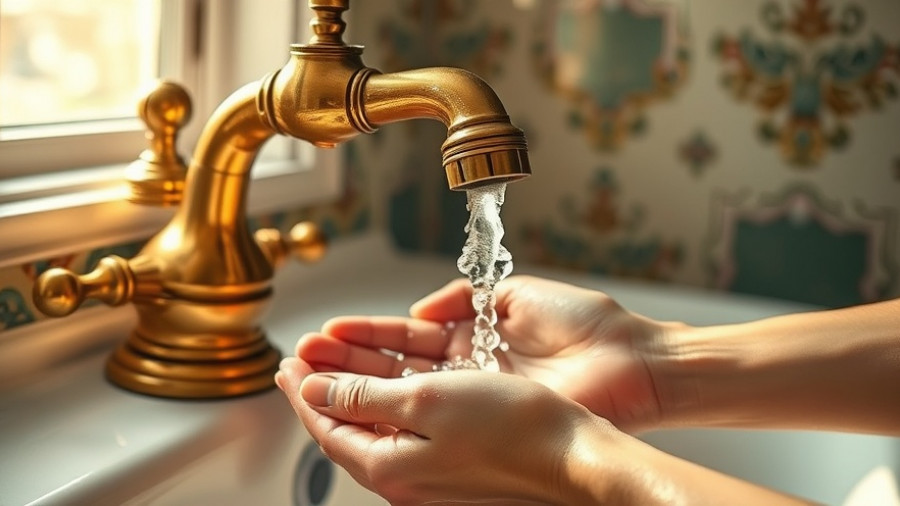 Close-up of hands washing under a faucet in a sunlit bathroom.