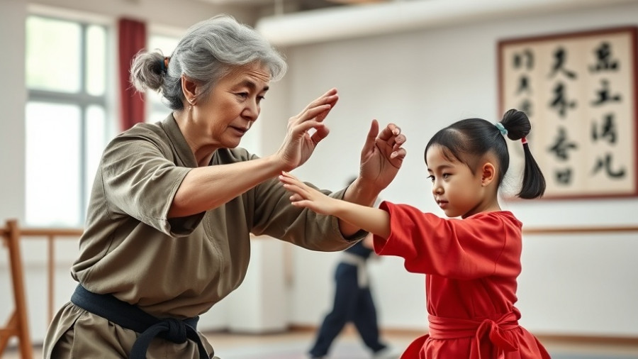 Elderly woman teaches young girl mantis boxing pose in martial arts training.
