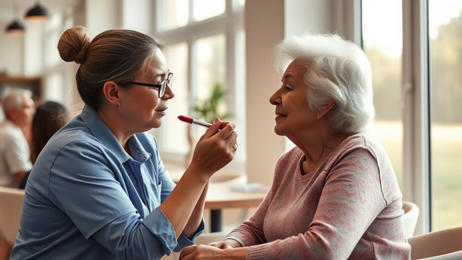 Senior care advisor assisting elderly woman indoors in Muskegon.