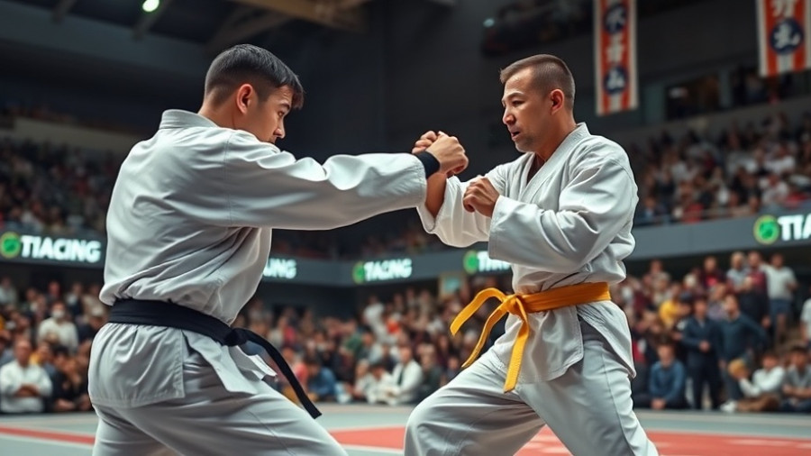 Karate fighters in intense action at Iran Karate Championships, indoor arena.