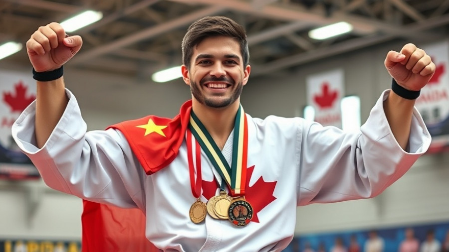 Guelph martial artist celebrating victory with medals and Canadian flag.