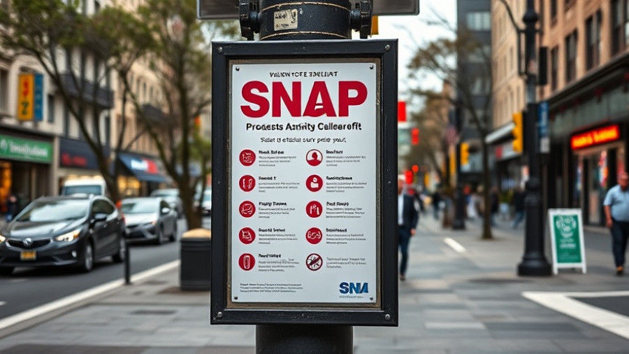 Sign featuring SNAP benefits poster on urban street corner.