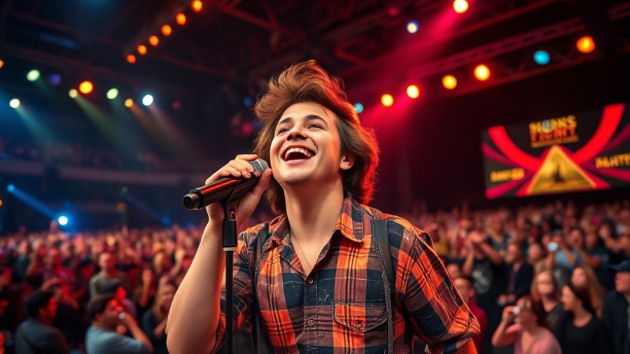 Vibrant performer singing at a lively concert in Muskegon with musicians.