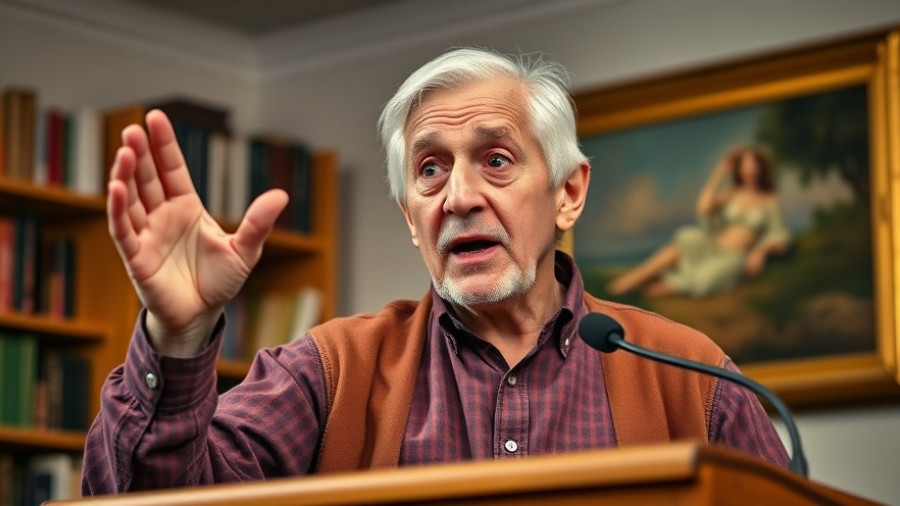 Older man making autism claims, speaking with expressive hands, photorealistic.