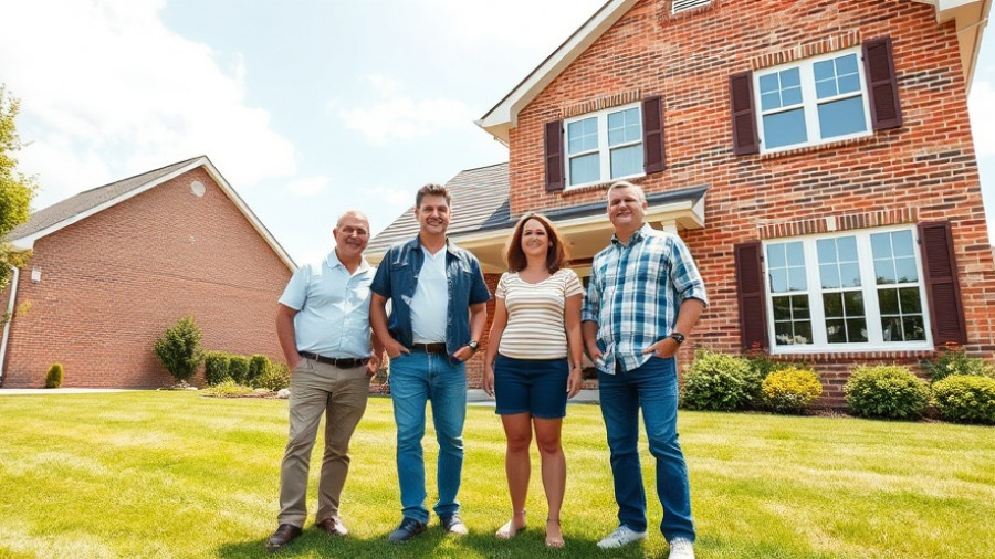 Adults enjoying community living outside modern brick house, sunny day.
