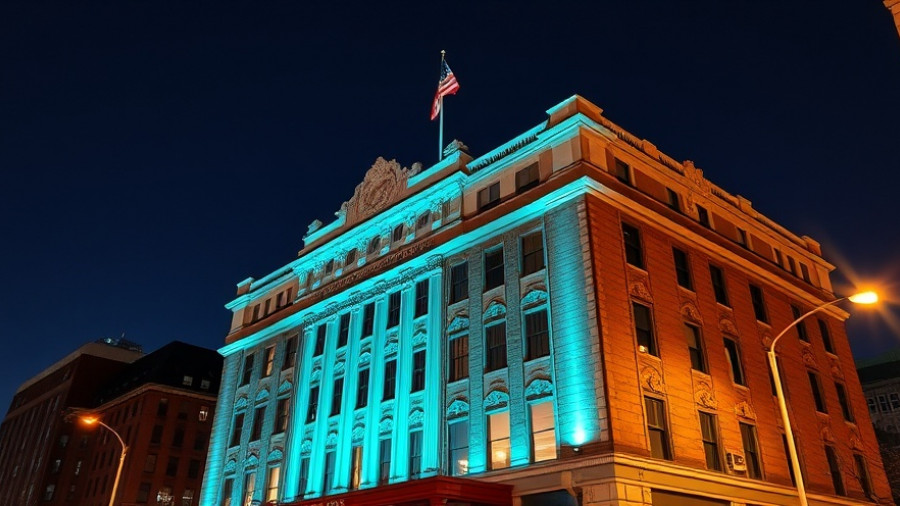 Building with turquoise lights in Alzheimer's awareness initiative at night