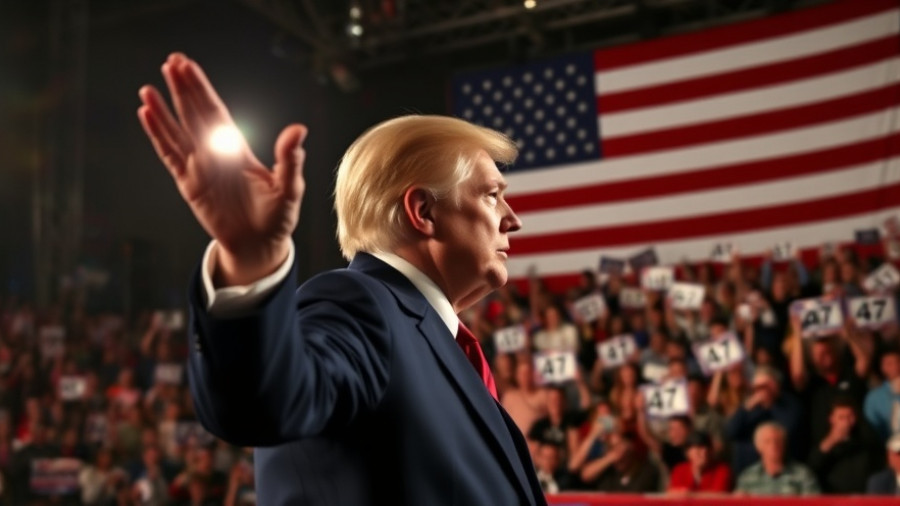 Political figure at rally with American flag and crowd holding signs.