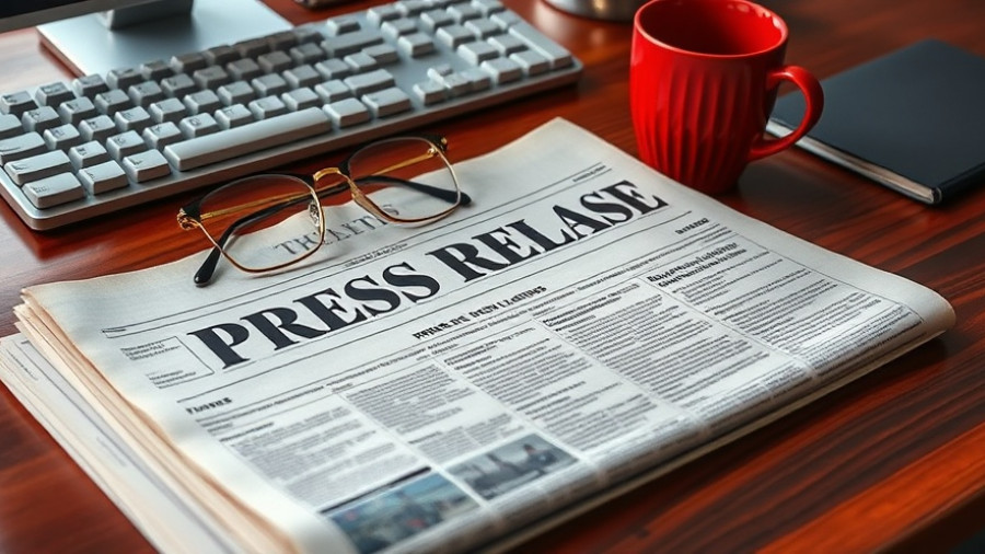 Press release paper on desk with coffee cup, glasses, and keyboard.