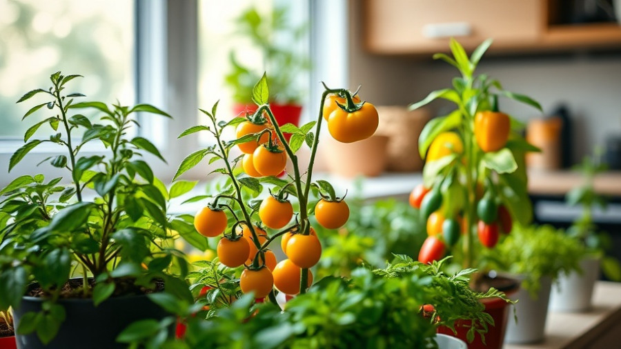 Vibrant indoor food forest plants with tomatoes and peppers.