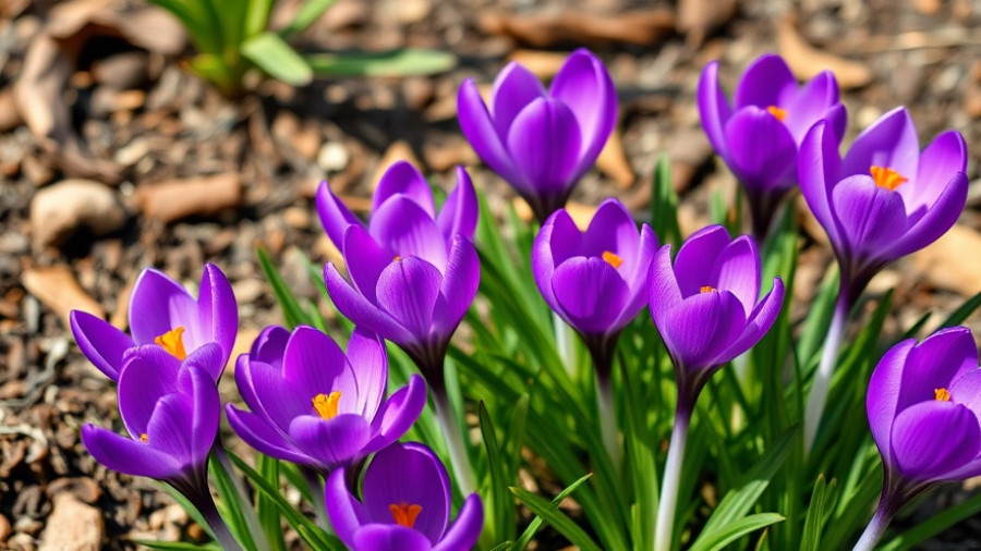 Vibrant purple crocus flowers in garden, perfect for November planting.