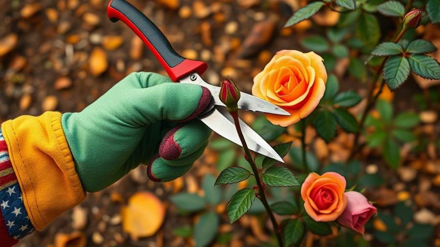 Pruning roses before winter using colorful garden gloves.