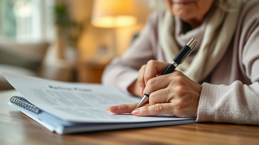 Elderly woman crafting written retirement plan in home setting.