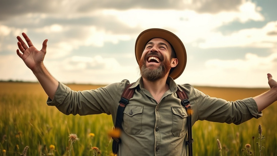 Joyful man outdoors under cloudy sky, arms open wide