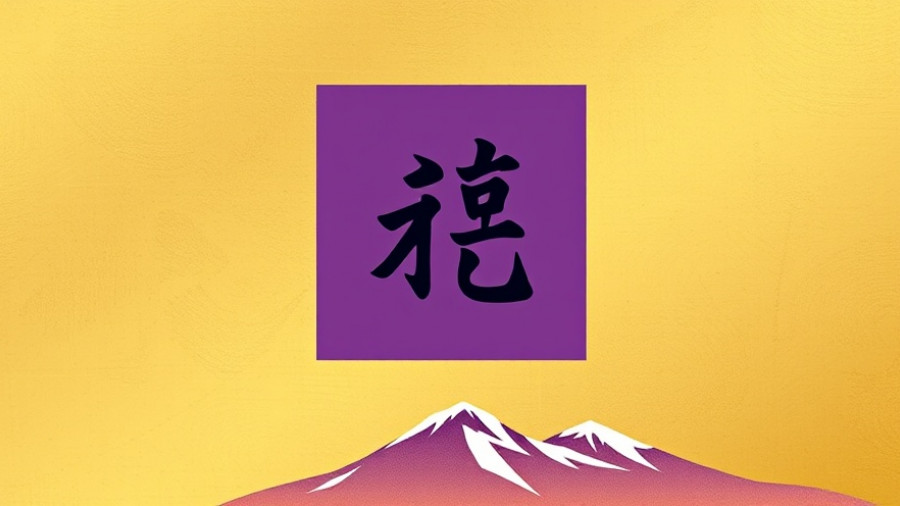 Abstract Chinese character art on golden background with mountain, martial arts theme.