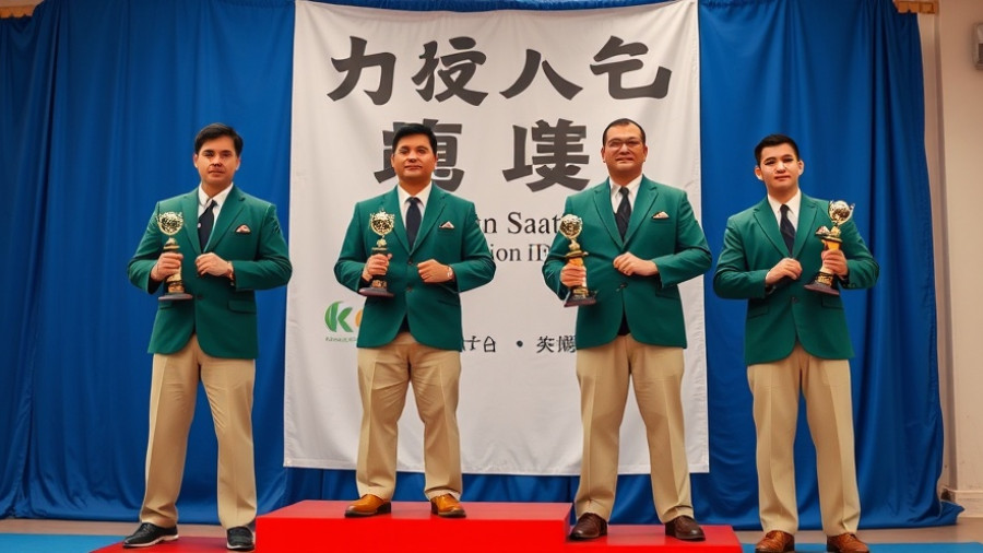 Karate classes Gurnee award winners at a podium ceremony indoors.