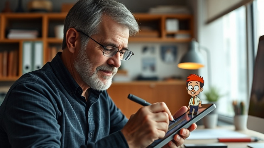 Middle-aged man drawing on a digital tablet in a well-lit office