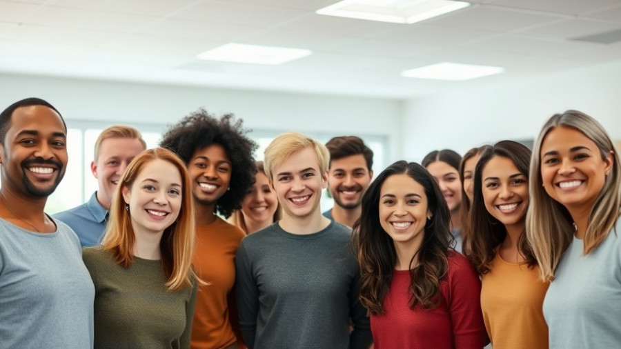 Diverse group posing in autism therapy center Muskegon, bright room.