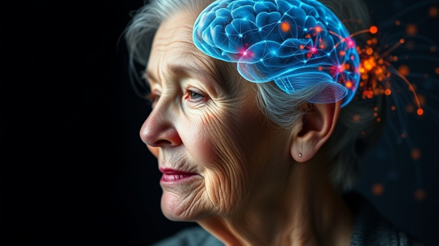 Elderly woman with neural activity overlay for AXS-05 Alzheimer's agitation treatment visualization.