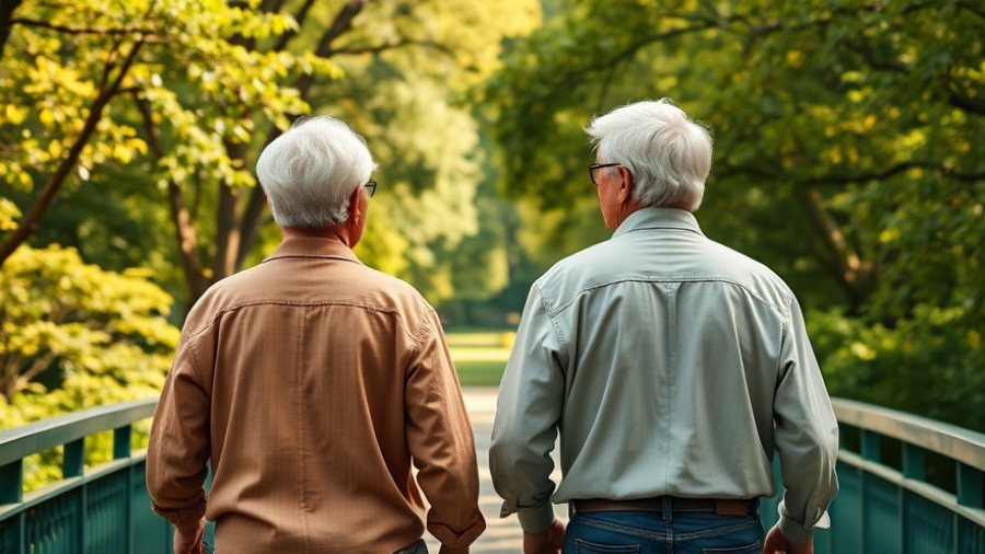 Elderly couple walking on bridge, lush park setting.