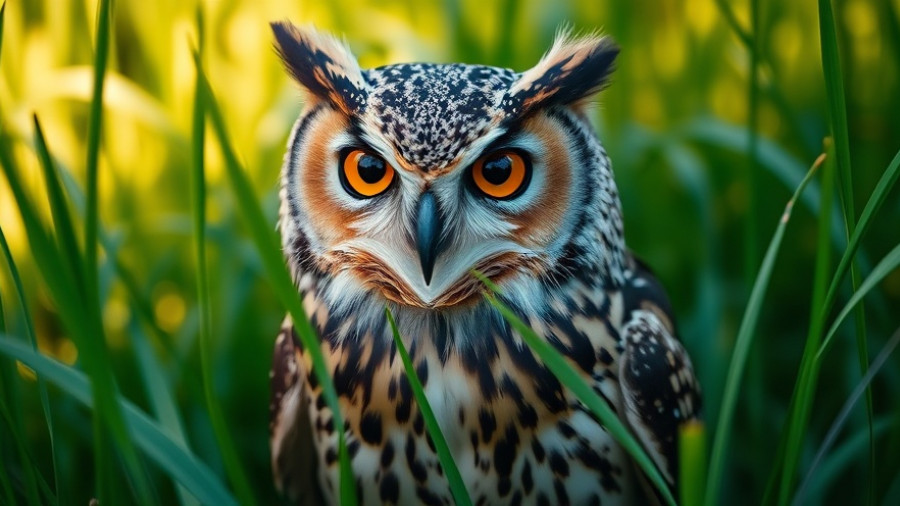 Owl with lush grass background promoting blackout dates for lawn fertilizer applications.