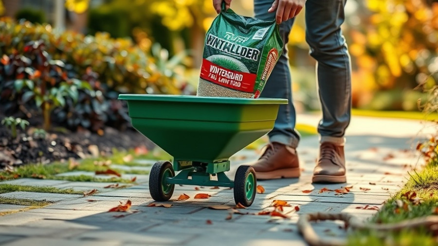 Person using fall fertilizer spreader in garden.