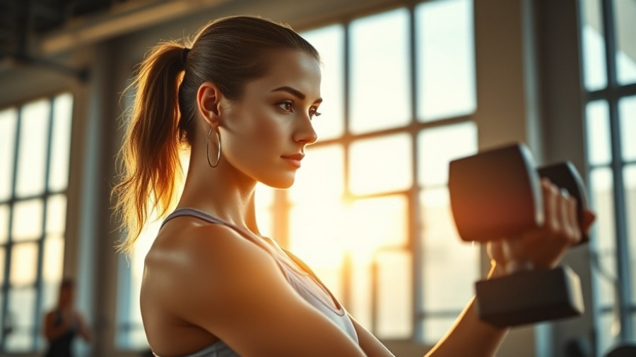 Strength training and mental health: Woman lifting weights in sunlight.