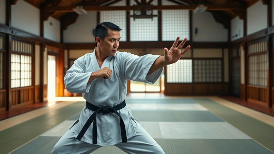 Martial artist practicing Kihon Karate in a spacious dojo.