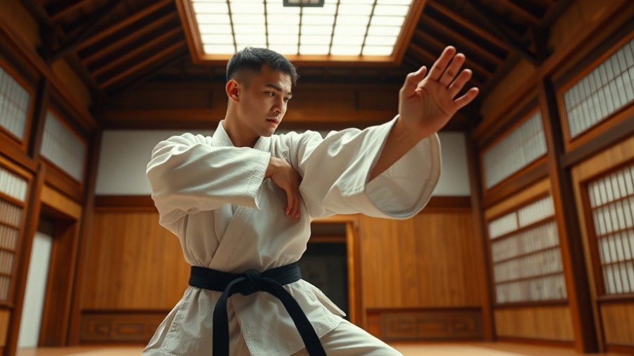 Karate practitioner performing kihon in a traditional dojo.