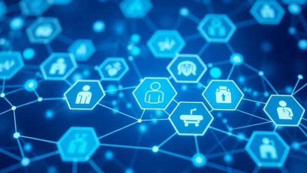 Digital healthcare network illustration with medical icons in blue.