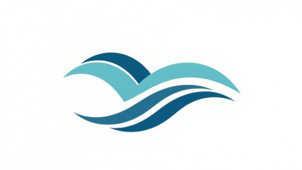 Stylized overlapping waves logo in blue, gray, green on a light background.