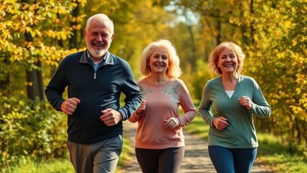 Elderly couple jogging in forest, linked to slower cognitive decline.