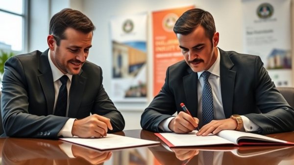 Business meeting with two men signing documents in office.