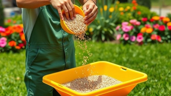 Gardener in green overalls pouring granules into a spreader amidst flowers, Maryland fertilizer blackout dates.