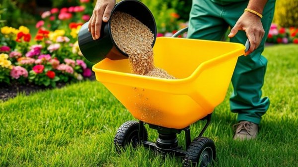 Gardener pouring fertilizer into a spreader, Maryland lawn fertilizer blackout dates.