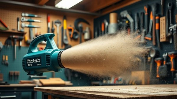Makita 40V compact blower in action clearing debris.