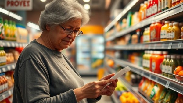 Senior woman reviews grocery receipt in aisle, highlighting reduced SNAP benefits.