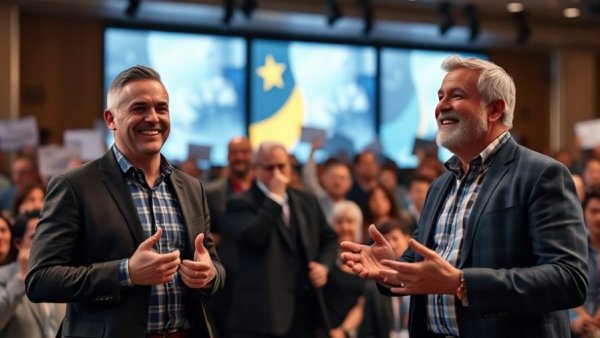 Public event with two men engaged with the audience in Muskegon.